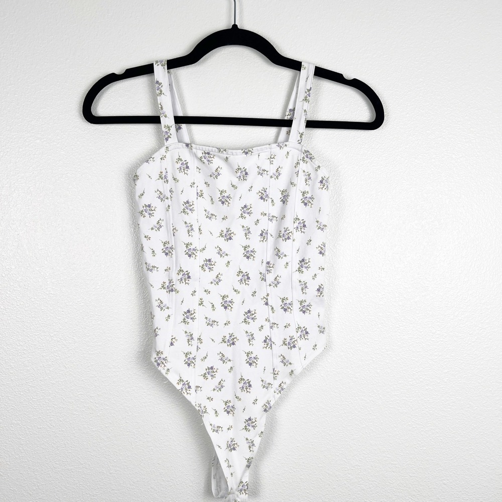 H&M Womens Floral Bodysuit White Purple Sleeveless Tank Top XS